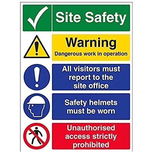 V Safety VSafety 6C021BL-R "Multi Hazard Site Safety/Safety Helmets" waarschuwingsbord, stijf plastic, portret, 450 mm x 600 mm, zwart/blauw/groen/rood/geel