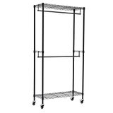 Amazon Basics Dubbele kledingstang, open met wielen en in hoogte verstelbare planken, maximaal gewicht 181 kg, zwart, 35,5 x 91,4 x 183 cm (l x b x h)