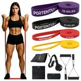 PORTENTUM Elastische spierelastieken, weerstandsbandenset met 4 of 5 intensiteitsniveaus, handgrepen, deuranker, afdekkingen en tas, fitnessstudio thuis voor mannen en vrouwen, krachttraining