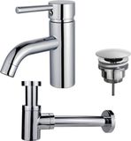 Fortifura Calvi Wastafelkraanset - lage wastafelkraan - always open plug - verlaagde design - sifon - hoogglans chroom