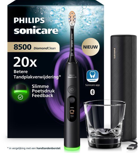 Philips Sonicare DiamondClean 8500 Elektrische Tandenborstel - Slimme Poetsdruksensor, 18 Poetsinstellingen, Oplaadreisetui & Oplaadglas - Zwart - HX8513/12