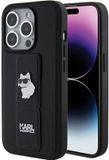 Karl Lagerfeld Gripstand Saffiano Serie - Roestvrijstalen Choupette Etui - iPhone 15 Pro - Zwart - Gripstand