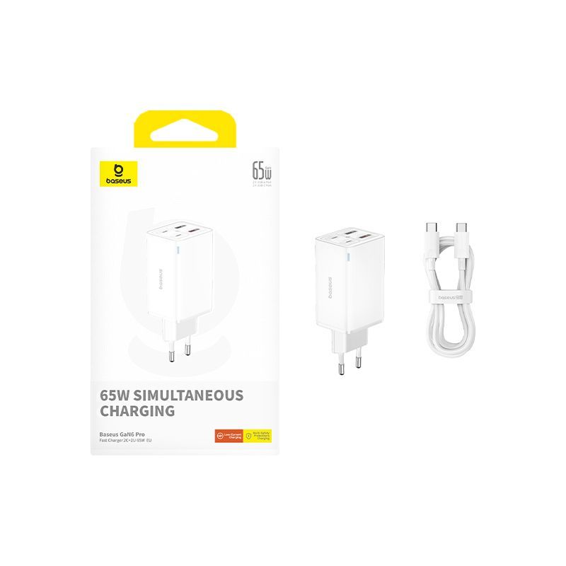 Baseus GaN6 65W USB-C/USB Snellader + 100W USB-C Kabel 1M Wit