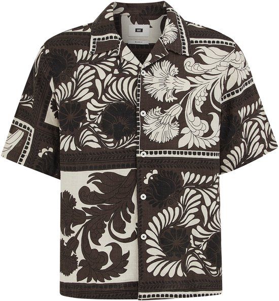 WE Fashion Heren overhemd met print - Relaxed Fit - Korte mouw - Katoen - Donkerbruin - Maat M