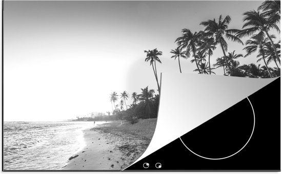 KitchenYeah® Inductie beschermer 77x51 cm - Palmbomen op het strand tijdens de zonsopkomst - zwart wit - Inductie beschermer - Kookplaataccessoires