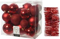 Decoris Kaemingk B.V. Kerstversiering kunststof kerstballen 6-8-10 cm met folieslingers pakket rood van 27 stuks