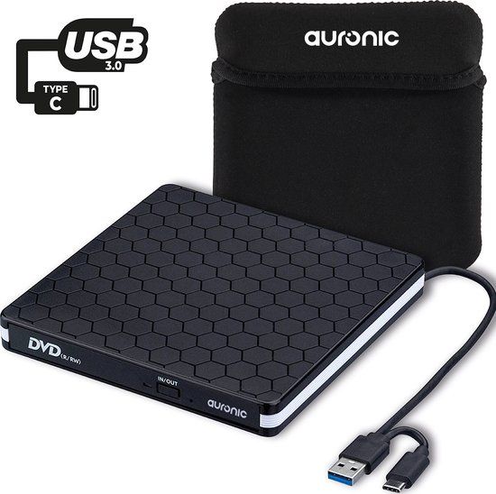 Auronic Externe DVD Speler en Brander - Voor Laptop - USB 3.0 of USB C - Hoes + Kabel - Externe CD speler