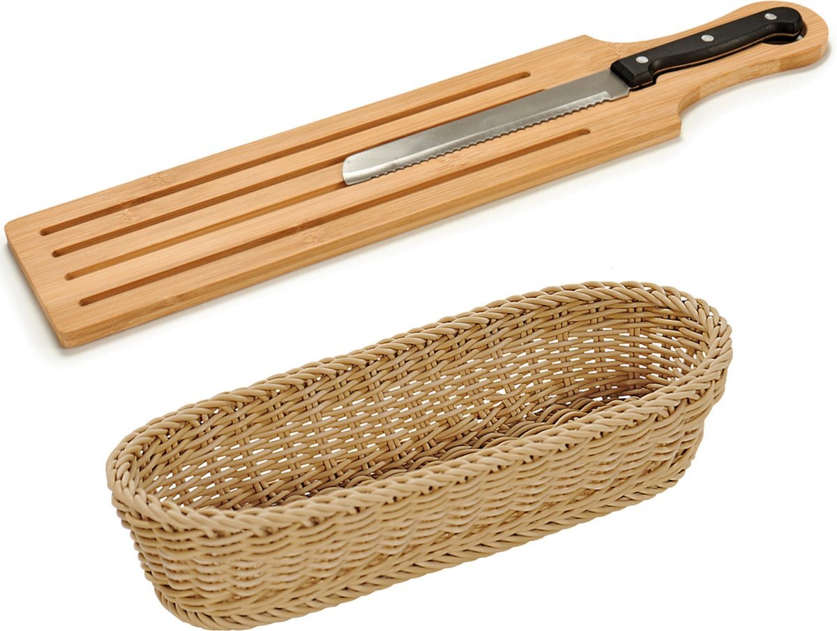 Arte r Bamboe houten broodplank/snijplank/serveerplank met broodmes 50 x 10 cm en broodmandje van 41 cm