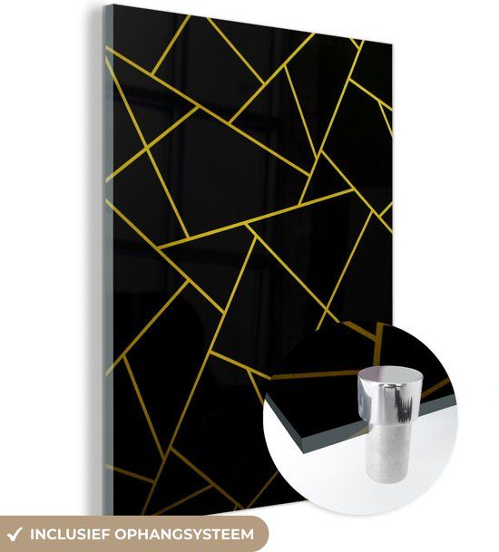MuchoWow Glasschilderij - Geometrie - Design - Goud - Zwart - 30x40 cm - Acrylaat - Modern