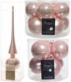 Decoris Kaemingk B.V. Compleet glazen kerstballen pakket lichtroze glans/mat 33x stuks met piek glans - 20x 6 cm - 12x 8 cm