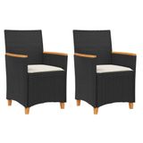 Chaises de jardin 2 pièces avec coussins poly rotin et bois massif noir