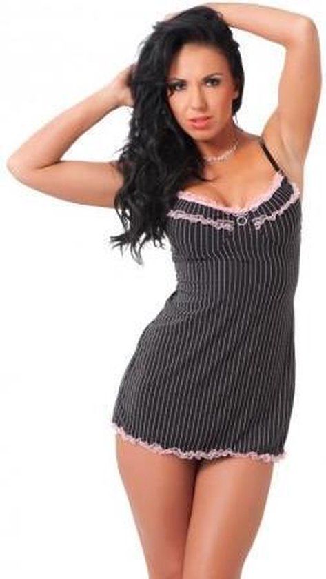 Rimba Amorable - Sexy Krijtstreepje Mini Jurkje - Met Roze Roezels - Inclusief Slipje - Zwart/Wit
