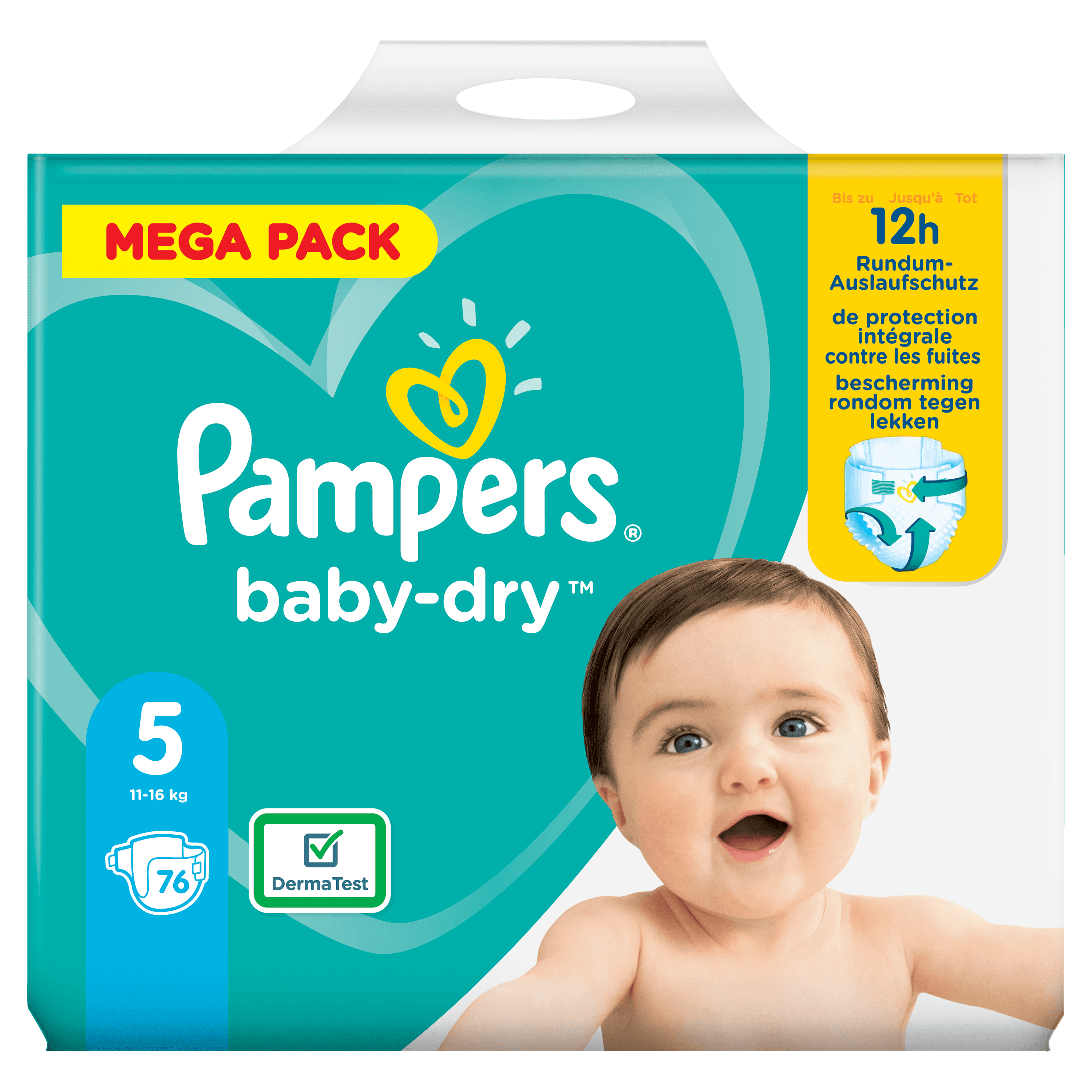 Pampers Baby-Dry Maat 5, 76 Luiers, Tot 12 Uur Bescherming, 11-16kg wit