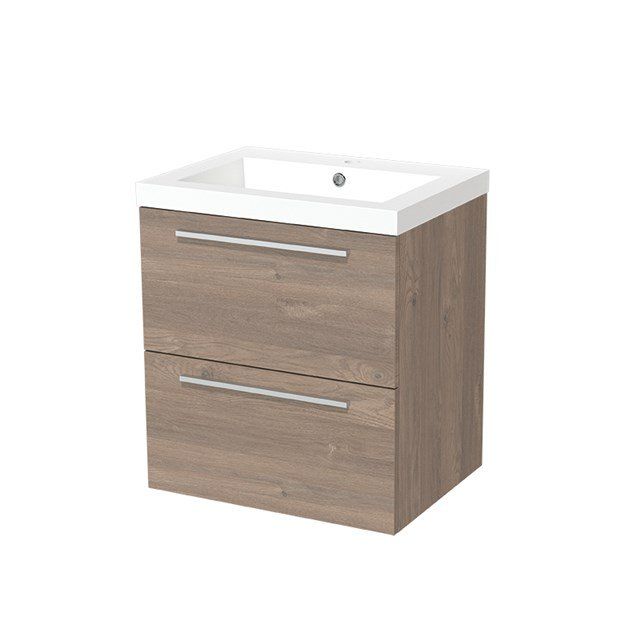 Maxaro Badkamermeubel 60cm Modulo Middenbruin Eiken 2 lades Vlak Wastafel Mineraalmarmer