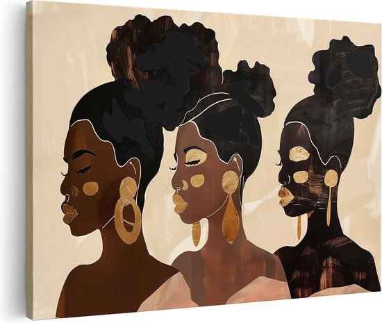 Artaza Canvas Schilderij Drie Zwarte Vrouwen met Gouden Oorbellen - 120x80 cm - Canvas Print