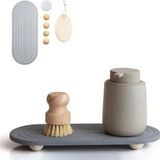 Famanu – Instant Dry Sink Caddy Organizer. Waterabsorberende stenen dienblad voor keuken badkamer aanrecht, sneldrogende gootsteen Caddy (met houten poten en natuurlijke luffa, grijs)