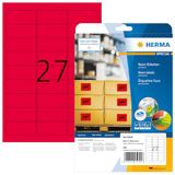 HERMA 5045 neon etiketten A4 (63,5 x 29,6 mm, 20 vellen, papier, mat) zelfklevend, bedrukbaar, permanent klevende gekleurde etiketten, 540 etiketten voor printer, neon rood