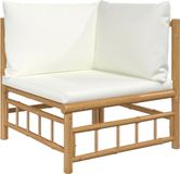 Banc d'angle de jardin en bambou avec coussins crème blanc