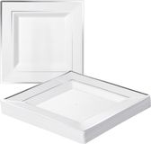Matana – 20 Vierkante Plastic Borden met Zilveren Rand, 24cm – Wit – Herbruikbaar & Stevig – Voor Bruiloften, Verjaardagen & Kerstmis