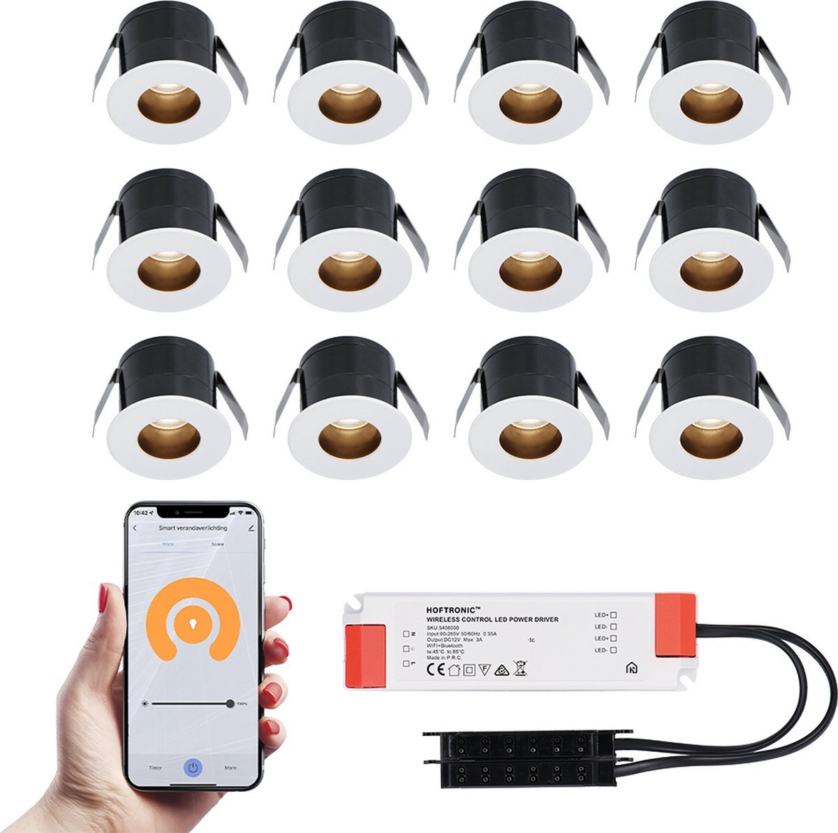HOFTRONIC SMART 12x Olivia witte Smart LED Inbouwspots complete set - Wifi & Bluetooth - 12V - 3 Watt - 2700K warm wit