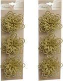 Merkloos Kerstboomversiering Bloemen - 6x stuks - 11 cm - goud glitter - op clip - ornament