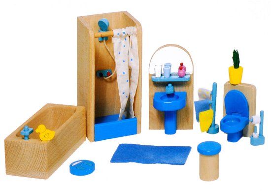Goki Poppenhuis Meubeltjes Badkamer - Badkamerset - Hout - Blauw
