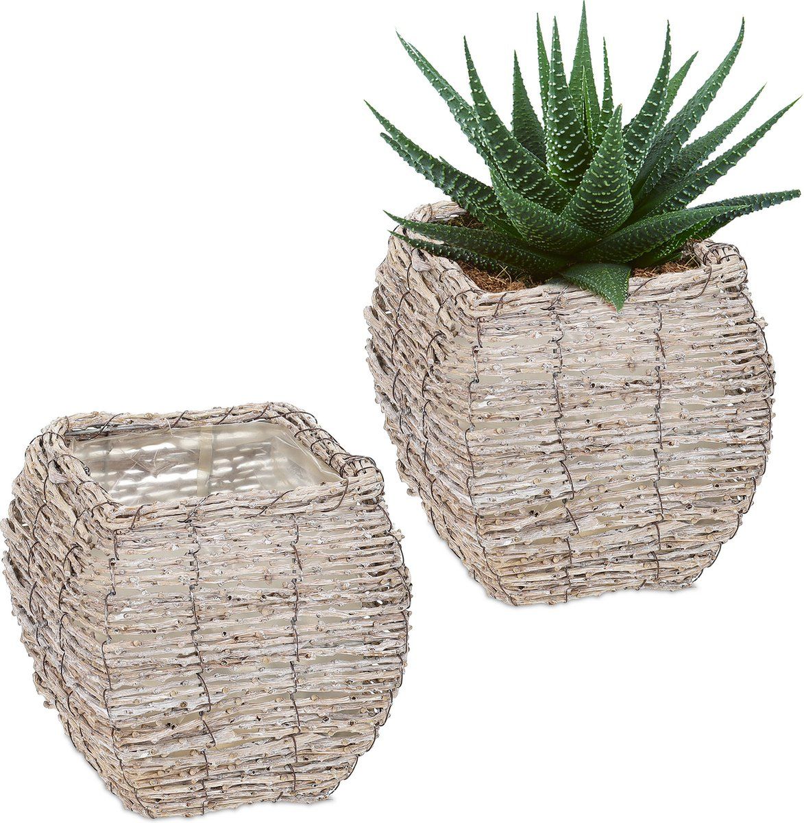 Relaxdays Bloempot Set van 2 Rotan Vierkant Wit