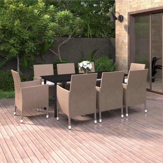 The Living Store Eethoek - PE-rattan - staal en glas - 200 x 100 x 74 cm - Beige - 6 stoelen - Weerbestendig