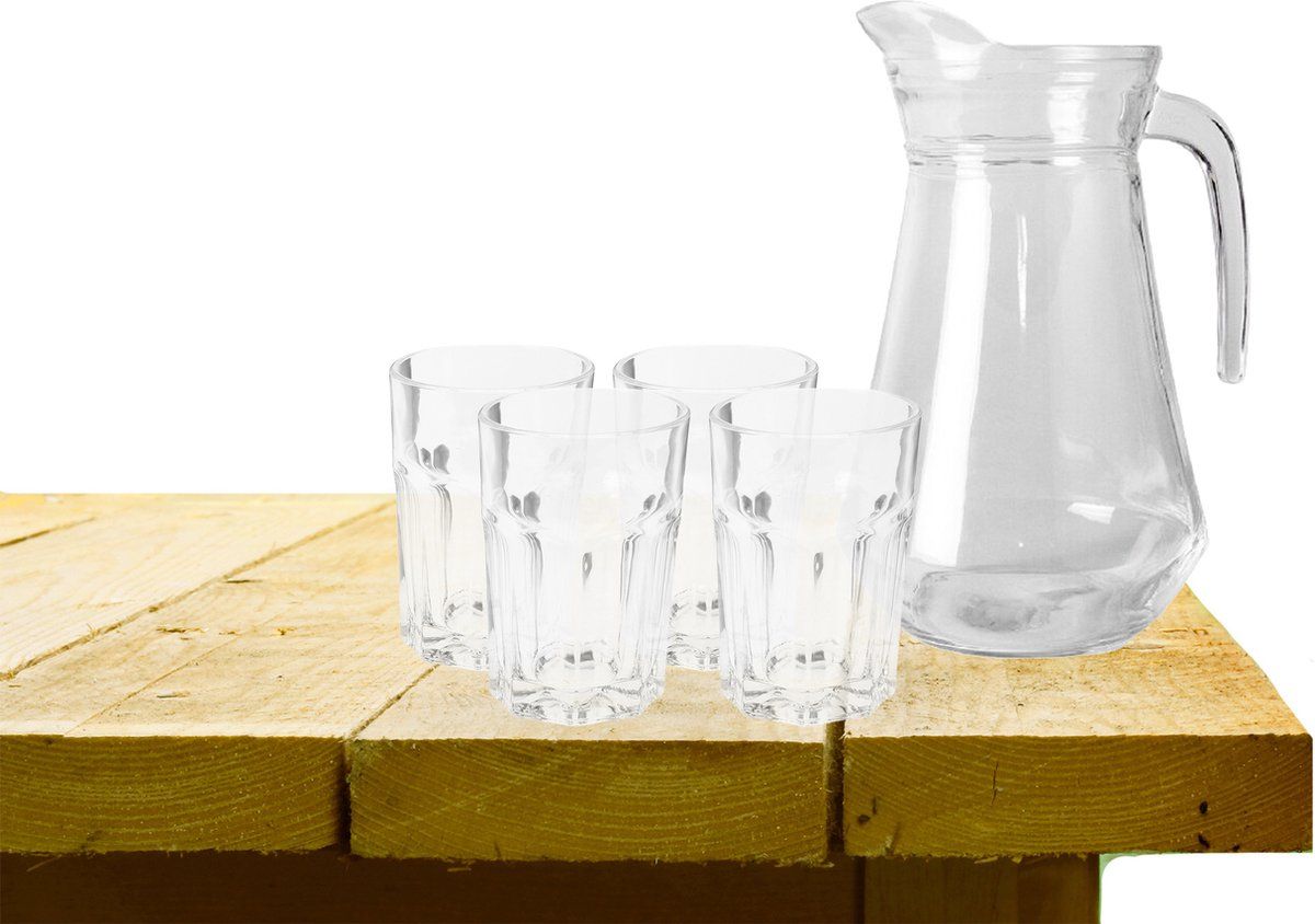 Waterkaraf schenkkan glas 1000 ml met 4 drinkglazen 360 ml - Transparant
