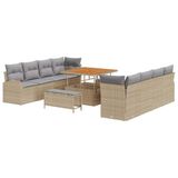 vidaXL Tuinbankset, 11-delig, met kussens, beige, rotan, synthetisch, acacia