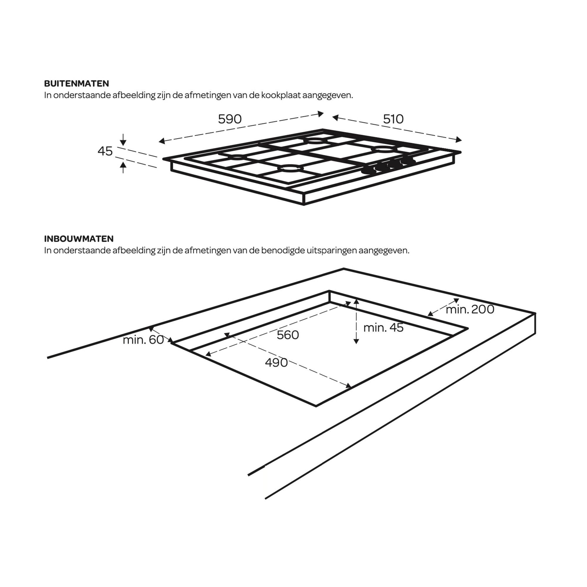 Inventum IKG6024WGZWA - 59 cm Built-in Gas Hob - 4 Zones - Black