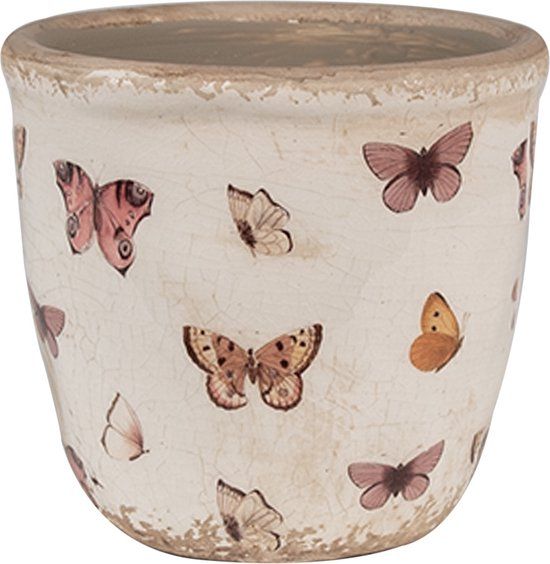 Clayre & Eef Bloempot - Ø 11x10 cm - Beige Roze - Keramiek - Vlinders - Binnen