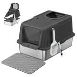 Feandrea Bac à litière pour chat en acier inoxydable, XL, avec couvercle, 2 entrées | Avec pelle, brosse, pour chats jusqu'à 15 kg, Noir d'encre, Collection BOXAL PPT005BH01