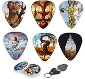 Unieke gitaarplectrums premium cadeauset van 12 plectrums met prachtig surrealistisch kunstwerk geïnspireerd door Salvador Dali, compleet met tinnen doos, lederen sleutelhanger pick-houder