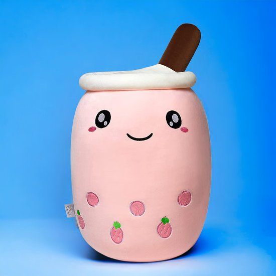 Klikkopers® - XXXL Kawaii Bubble Tea Knuffel - Roze Aardbei - 70cm - Squishy