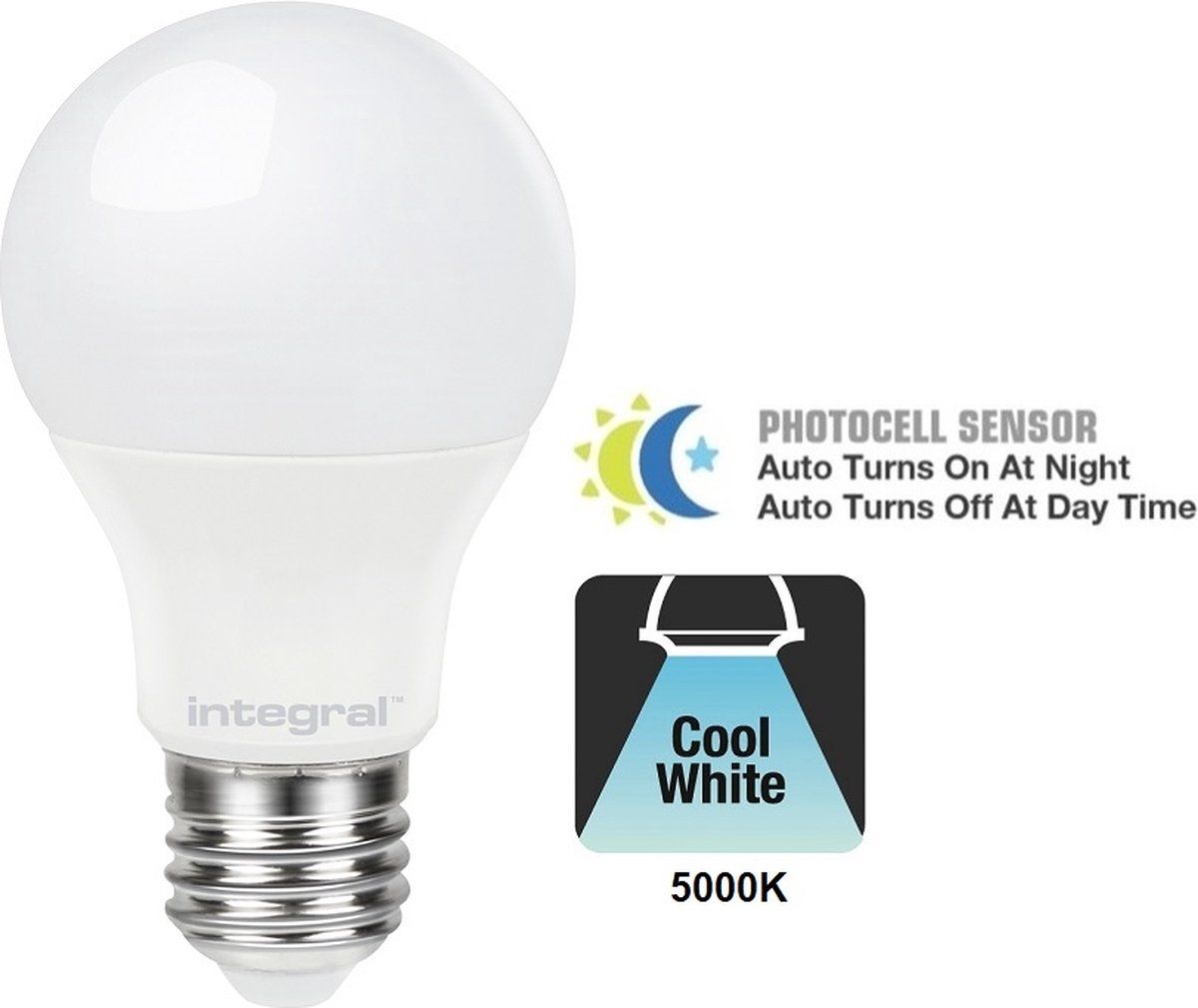 Integral LED E27 LED Lamp - 4.8W - 470lm - 5000K - Day/Night Sensor - White