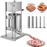 VEVOR Handmatige Worstvulmachine 10L Verticale Worstvulmachine Vleesvuller met 2 Snelheden (Snel/Langzaam), Robuuste Roestvrijstalen Vuller met 5 Worstvulbuizen, Vleesvulling