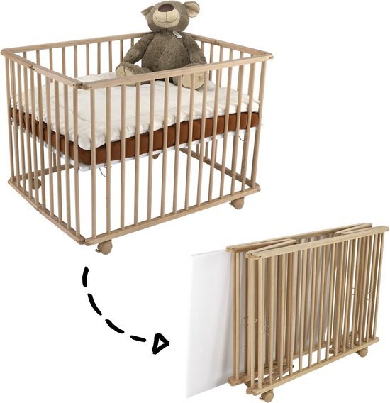 Cabino Babybox Inklapbaar Met In Hoogte Verstelbare Bodem - Kinderbox - Babybox Met Wielen - Beech