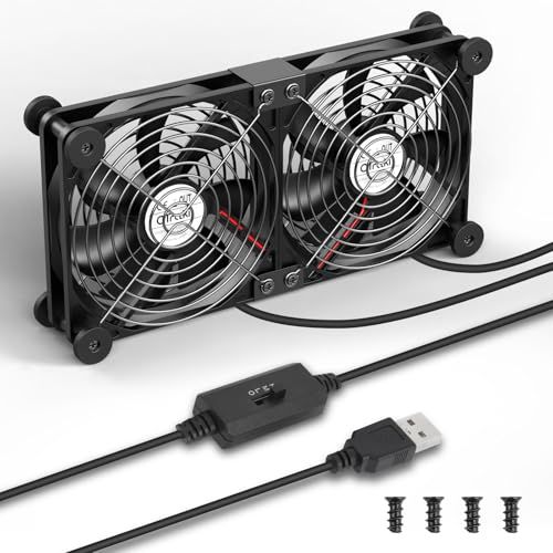 OTraki USB-ventilator voor laptop, dubbele rij, 2-in-1, USB-ventilator, 120 mm, 3 snelheidsregelingen, draagbare tafelventilator met 8 schokdempers voor laptop/tv-box/router