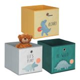 Relaxdays 3-delige opbergdozen voor kinderen, vouwbaar, dino-motief, textiel, bont, 30x30x30 cm