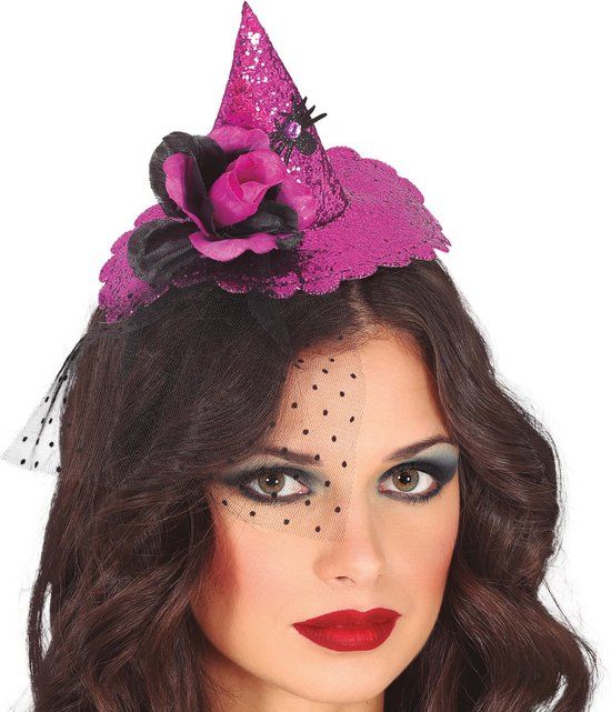 Guirca Halloween Heksenhoed - Mini Hoedje op Diadeem met Sluier - Roze - Unisex