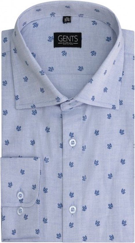 Gents - Print Blad - Blauw - Maat L - Heren Overhemd - Katoen - Slim Fit