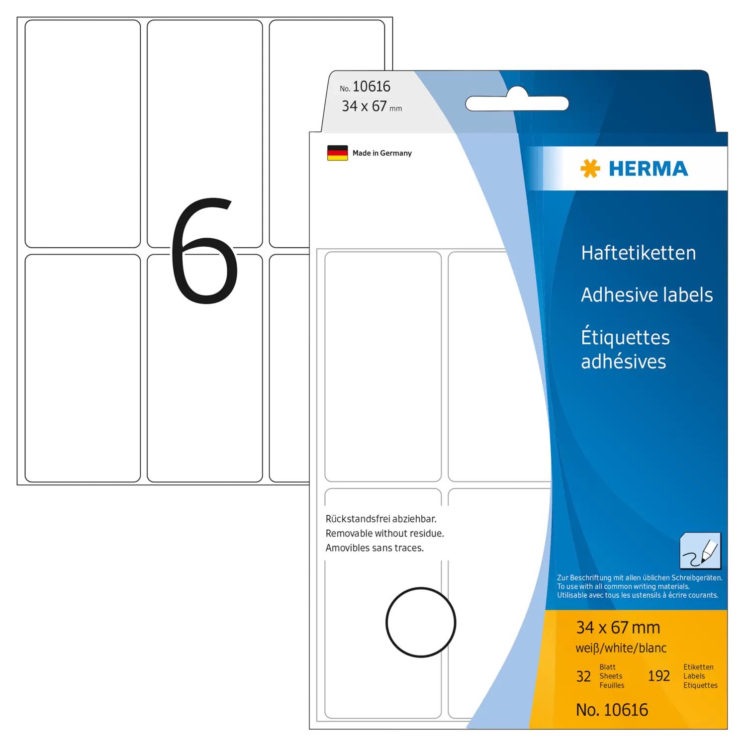 HERMA 10616 - Afgeronde rechthoek etiketten - Wit - 34x67mm - 192 stuks