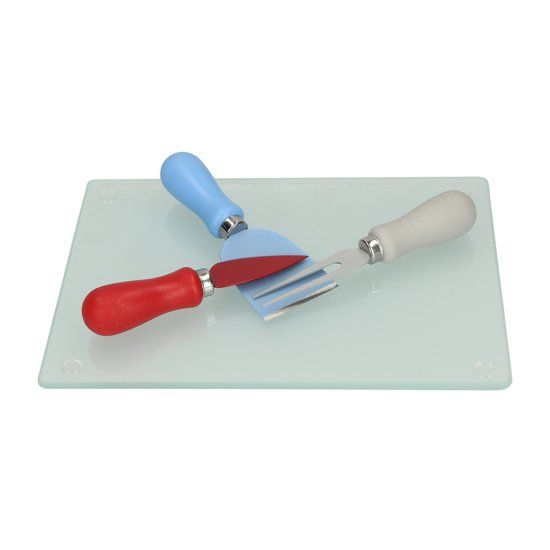 Boska 4-delige Kaasset met Kaasplankje en Kaasmessen - Glazen Kaasplank met Gekleurde Kaasmesjes en Kaasvork voor Alle Soorten Kaas - Set For Cheese Lovers