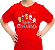 Bellatio Decorations Shoppartners Bv Kersttrui t-shirt - kinderen - dierenvriendjes - Merry christmas - rood - 140/152