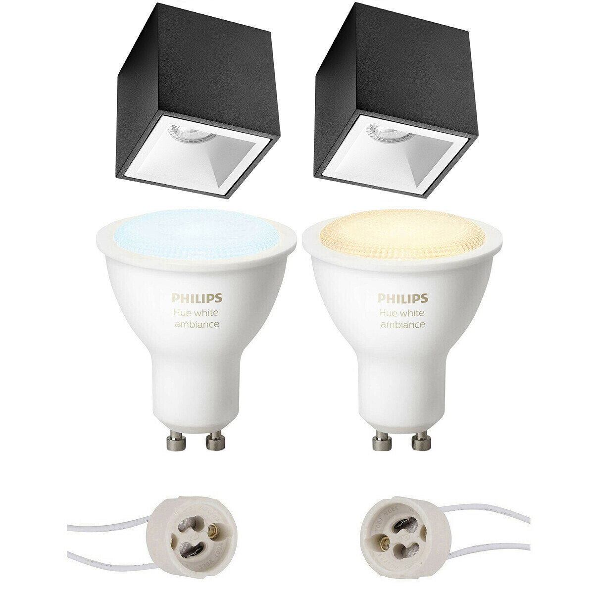 BES LED Pragmi Cliron Pro - Opbouw Vierkant - Mat Zwart/Wit - Verdiept - 90mm - Philips Hue - Opbouwspot Set GU10 - White Ambiance - Bluetooth