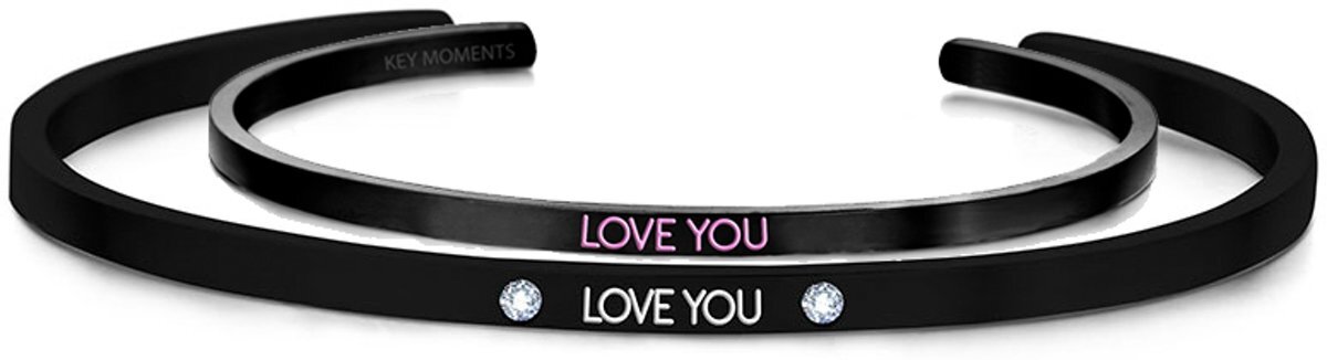 Key Moments 8KM SET007 Stalen Open Bangles met Tekst - * Love You * en Love You - Zirkonia - Maat S en M - Zwart