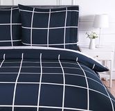 Amazon Basics Beddengoed, 3-delige set, lichtgewicht, microvezel, 135 x 200 cm, marineblauw, tartan