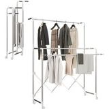 Sèche-linge pliable étendoir à linge intérieur à 3 barres réglables et 4 roulettes 104-150 x 103 x 145-197 cm argent