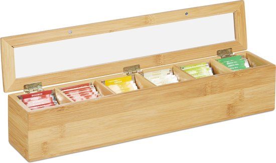 Relaxdays Thee Organizer - 6 Vaks - Bamboe - 9x44x9 cm